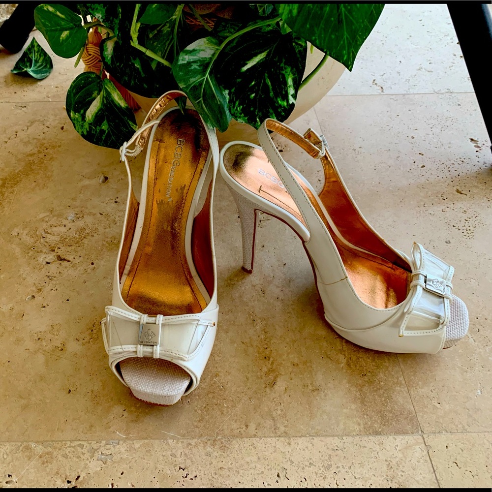 BCBG high heels white sandals